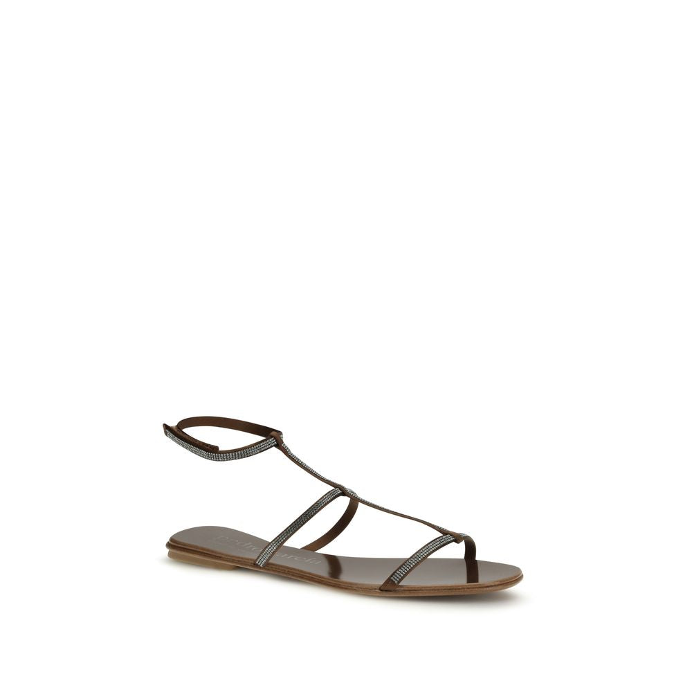 Cage Sandals by Pedro García for women in bos taurus calf leather & rhinestone brown presents a sculptural silhouette, showcasing the Women's Bos Taurus Calf Leather & Rhinestone Cage Sandals design with a sculptural and for a premium look.