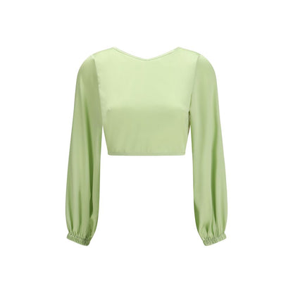 Blouse by Kristina Ti for women in silk polyamide & cotton bicolour showcases a sublime silhouette, artfully detailed with a sublime v-neck halter neckline and long-sleeve for a sophisticated, sublime finish.
