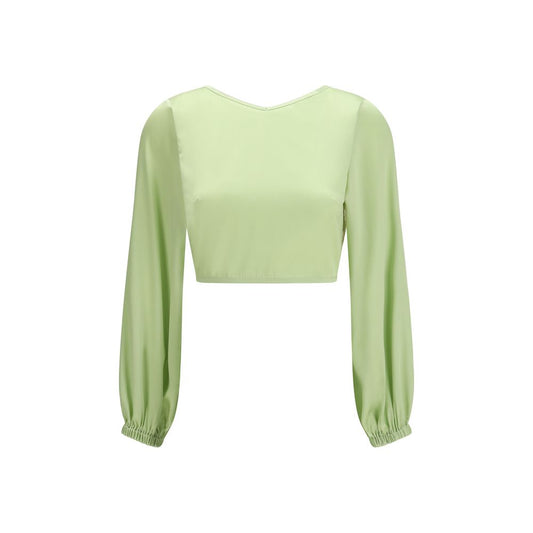 Blouse by Kristina Ti for women in silk polyamide & cotton bicolour showcases a sublime silhouette, artfully detailed with a sublime v-neck halter neckline and long-sleeve for a sophisticated, sublime finish.