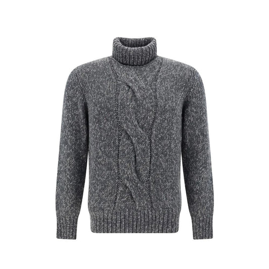 Sweater by Brunello Cucinelli for men in cashmere gray showcases a downtown chic silhouette, artfully finished with a downtown chic high-neck neckline and long-sleeve for a sophisticated, high-end look.
