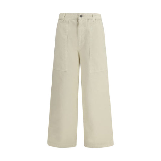 Trousers by Moncler for women in cotton canvas & leather beige & signature features a sculptural silhouette, showcasing a sculptural regular-fit and long with a sophisticated for a sculptural finish.