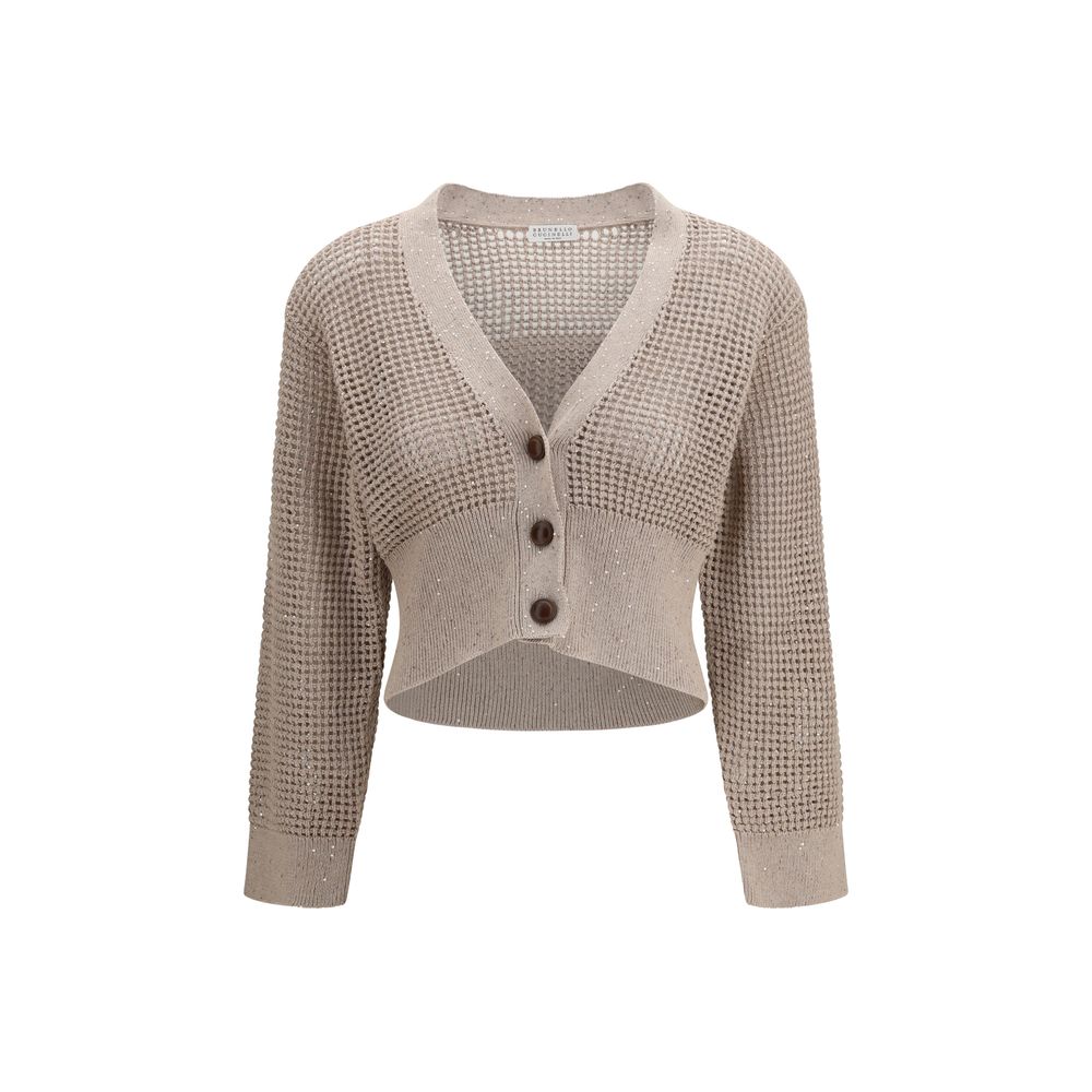 Cardigan by Brunello Cucinelli for women in polyester cotton & sequins beige features a dramatic silhouette, showcasing a sophisticated v-neck neckline and dramatic long-sleeve detail for a timeless, premium look.