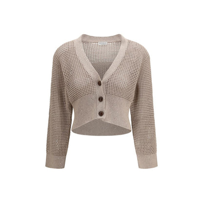 Cardigan by Brunello Cucinelli for women in polyester cotton & sequins beige features a dramatic silhouette, showcasing a sophisticated v-neck neckline and dramatic long-sleeve detail for a timeless, premium look.