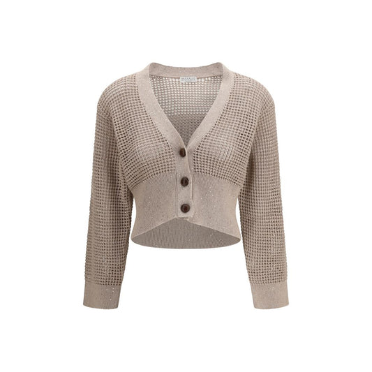 Cardigan by Brunello Cucinelli for women in polyester cotton & sequins beige features a dramatic silhouette, showcasing a sophisticated v-neck neckline and dramatic long-sleeve detail for a timeless, premium look.