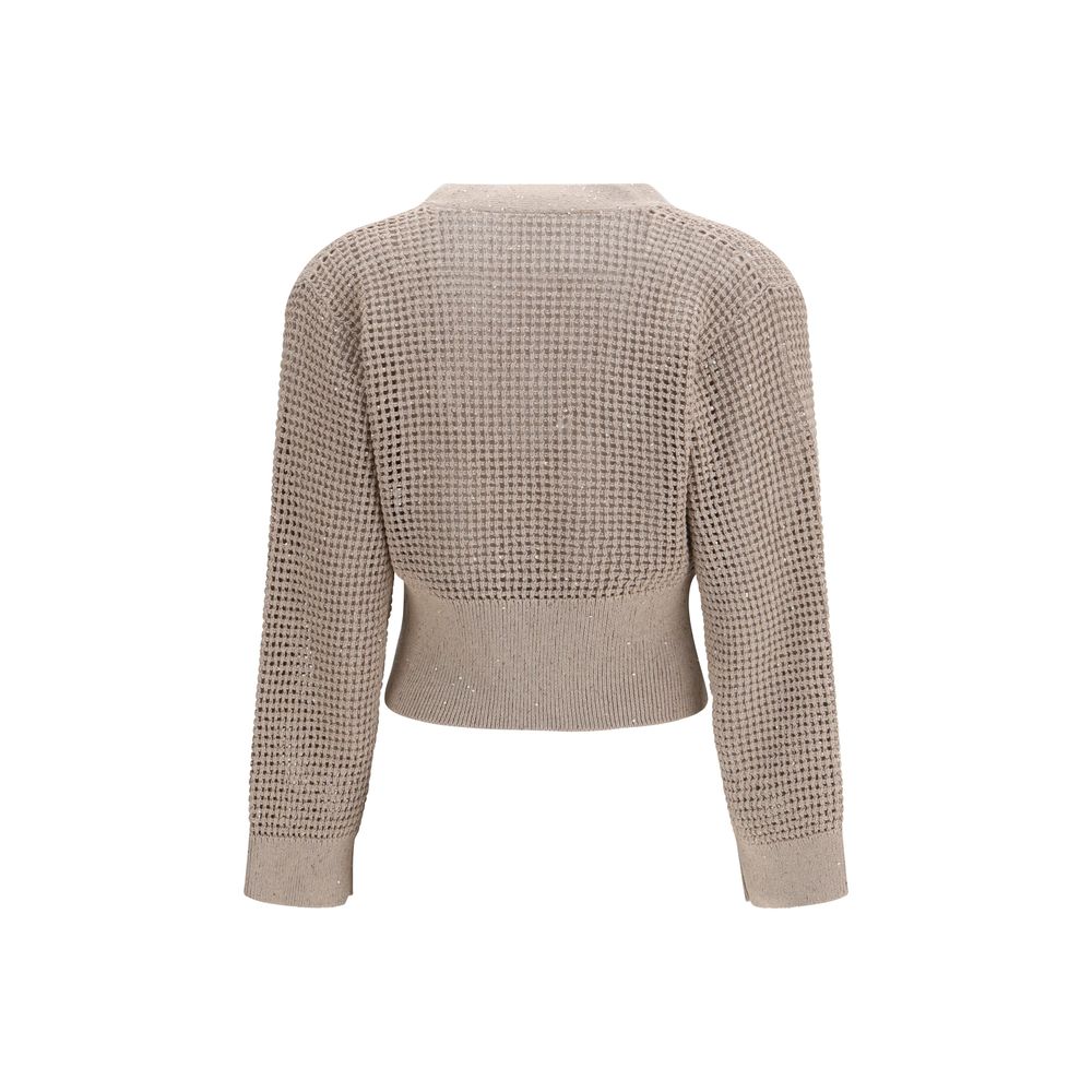 Cardigan by Brunello Cucinelli for women in polyester cotton & sequins beige showcases a captivating silhouette, artfully detailed with a captivating and v-neck neckline for a truly sophisticated captivating look.