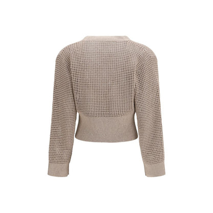 Cardigan by Brunello Cucinelli for women in polyester cotton & sequins beige showcases a captivating silhouette, artfully detailed with a captivating and v-neck neckline for a truly sophisticated captivating look.