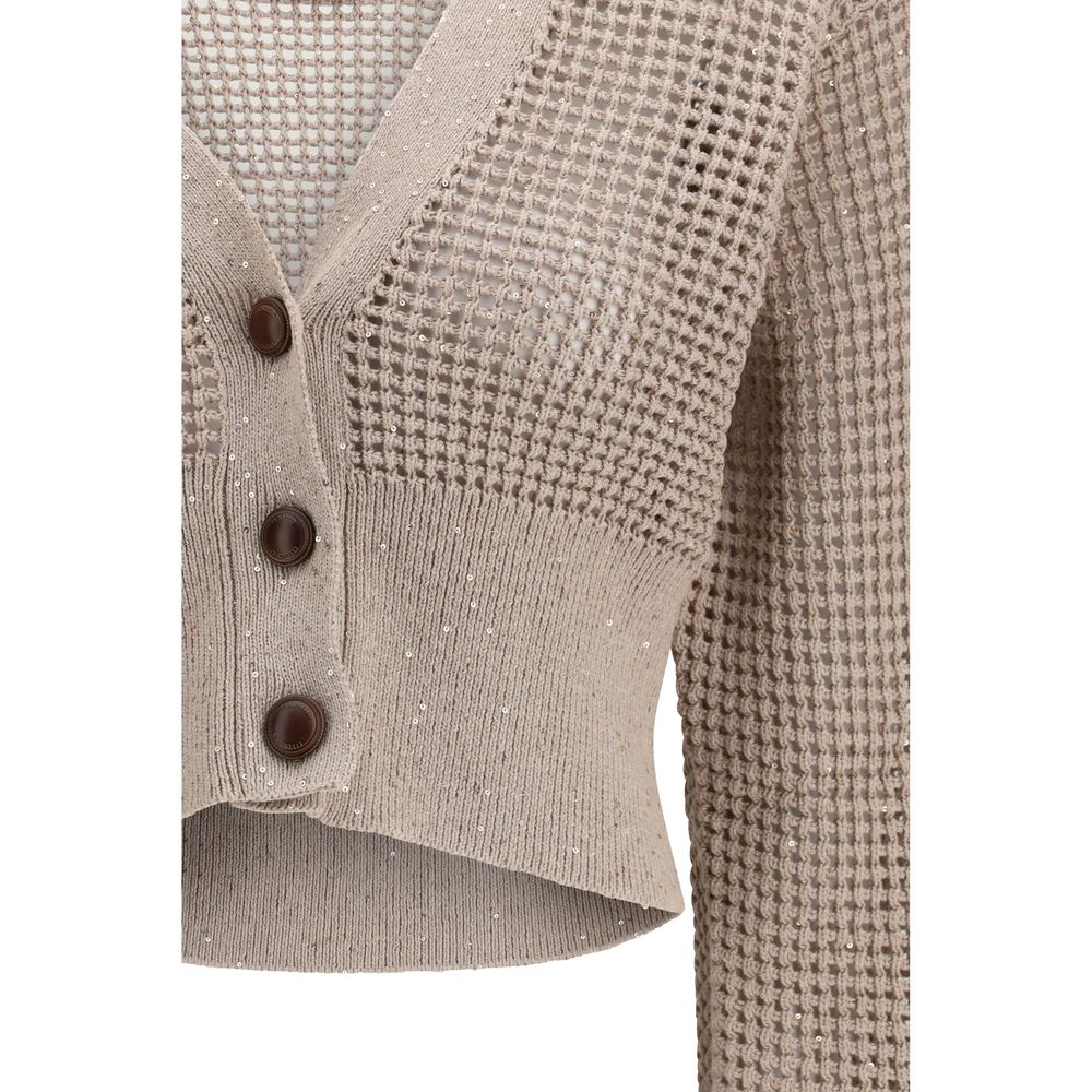Cardigan by Brunello Cucinelli for women in polyester cotton & sequins beige features an crisp silhouette, showcasing a sophisticated and detail for a truly crisp finish.