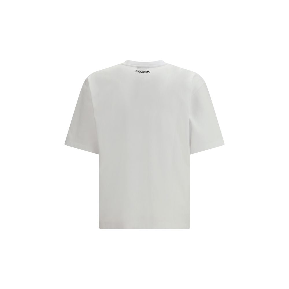 T-Shirt by Dsquared² for men in cotton white & print showcases a dramatic silhouette, elegantly detailed with a dramatic crew neckline and for a truly dramatic finish.