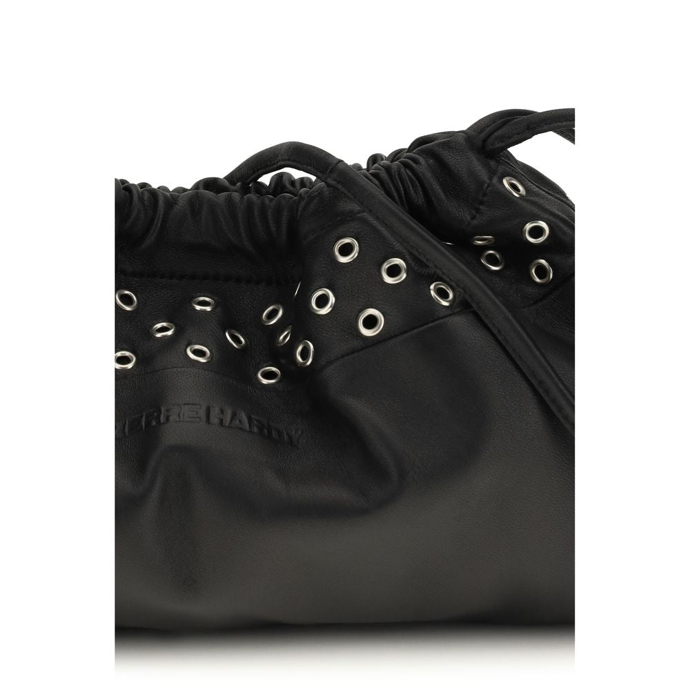 Small Crossbody Clutch Shoulder Bag by Pierre Hardy for women in bos taurus calfskin leather black presents a versatile silhouette, showcasing a secure drawstring & magnetic and versatile with versatile shoulder-strap & detachable-strap for a sophisticated look.