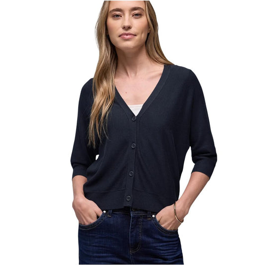 Cardigan by Street One for women in polyamide viscose blue features a dramatic silhouette, showcasing a sophisticated v-neck neckline and dramatic three-quarter-sleeve detail for a timeless, premium look.