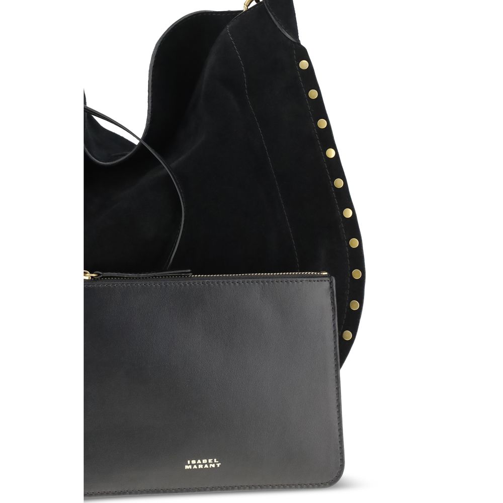 Shoulder Bag by Isabel Marant for women in bio-acetate & bos taurus suede calfskin leather black & gold features a distinguished silhouette, showcasing a secure magnetic & button and distinguished with versatile shoulder-strap for a distinguished finish.