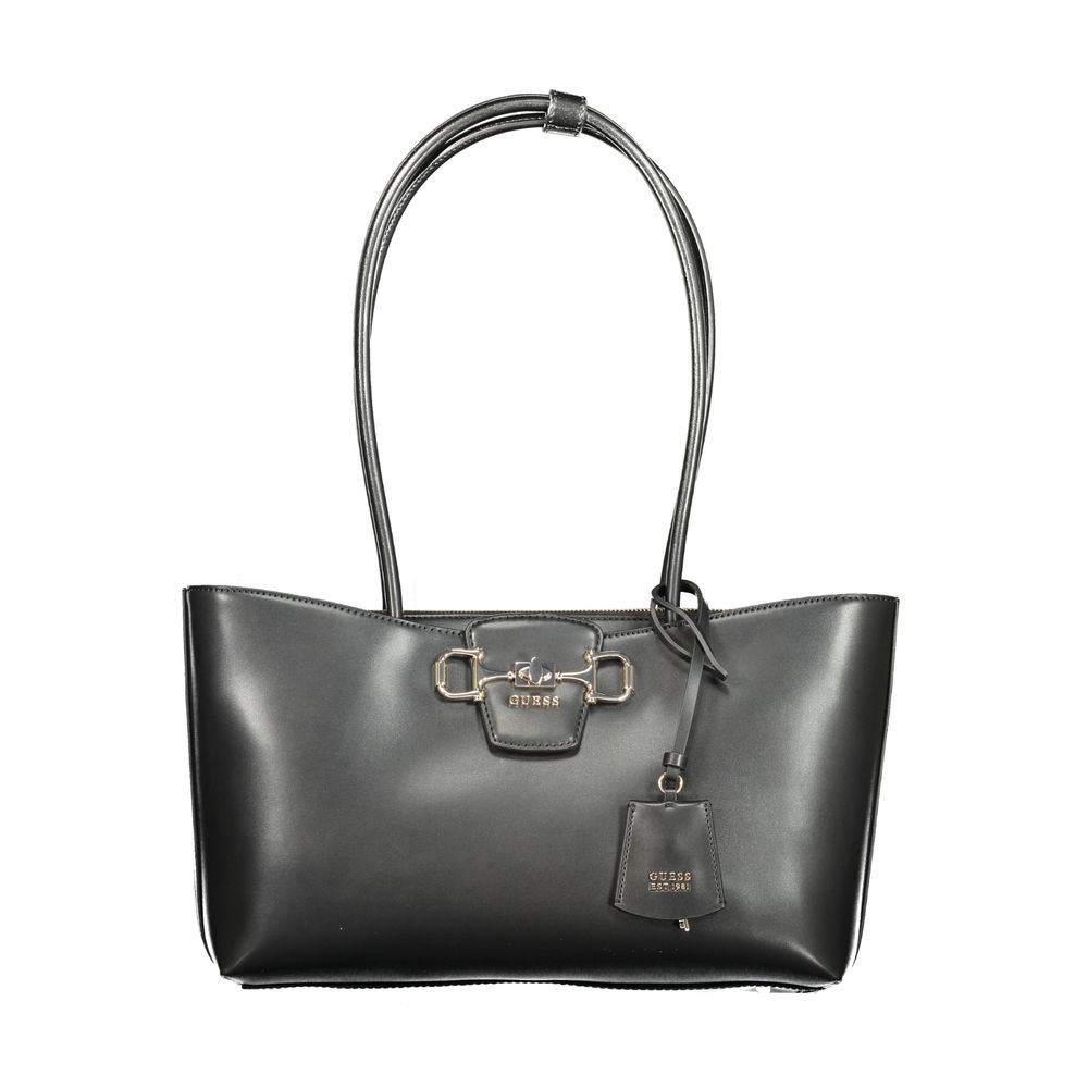 This Handbag by Guess Jeans for women in polyurethane and black presents a sculptural silhouette featuring a secure zipper, ample external-pockets, and versatile for a sculptural finish.
