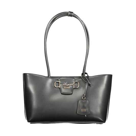 This Handbag by Guess Jeans for women in polyurethane and black presents a sculptural silhouette featuring a secure zipper, ample external-pockets, and versatile for a sculptural finish.