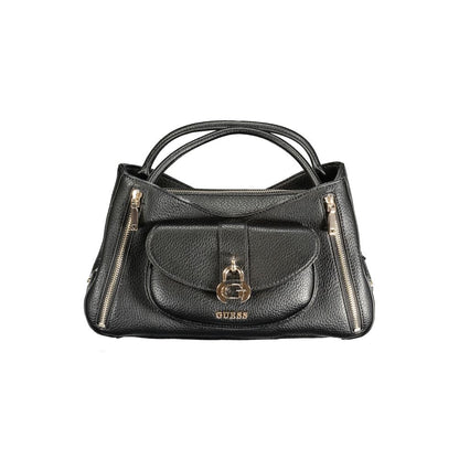 Handbag by Guess Jeans for women in polyurethane black features a signature silhouette, showcasing a secure snap & zipper and signature built-in-compartments & external-pockets with versatile shoulder-strap, handle, adjustable-strap & detachable-strap for a sophisticated look.