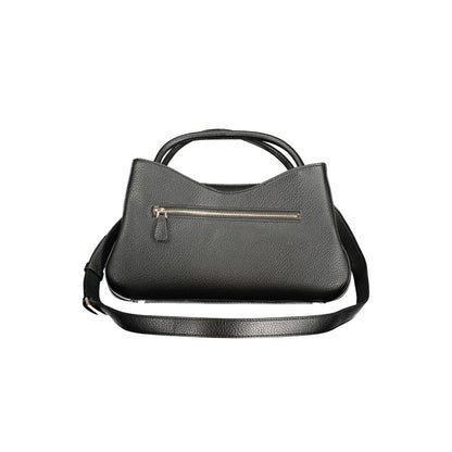 Handbag by Guess Jeans for women in polyurethane black features a ornamental silhouette, showcasing a secure snap & zipper, ample built-in-compartments & external-pockets, and ornamental shoulder-strap, handle, adjustable-strap & detachable-strap for a sophisticated look.