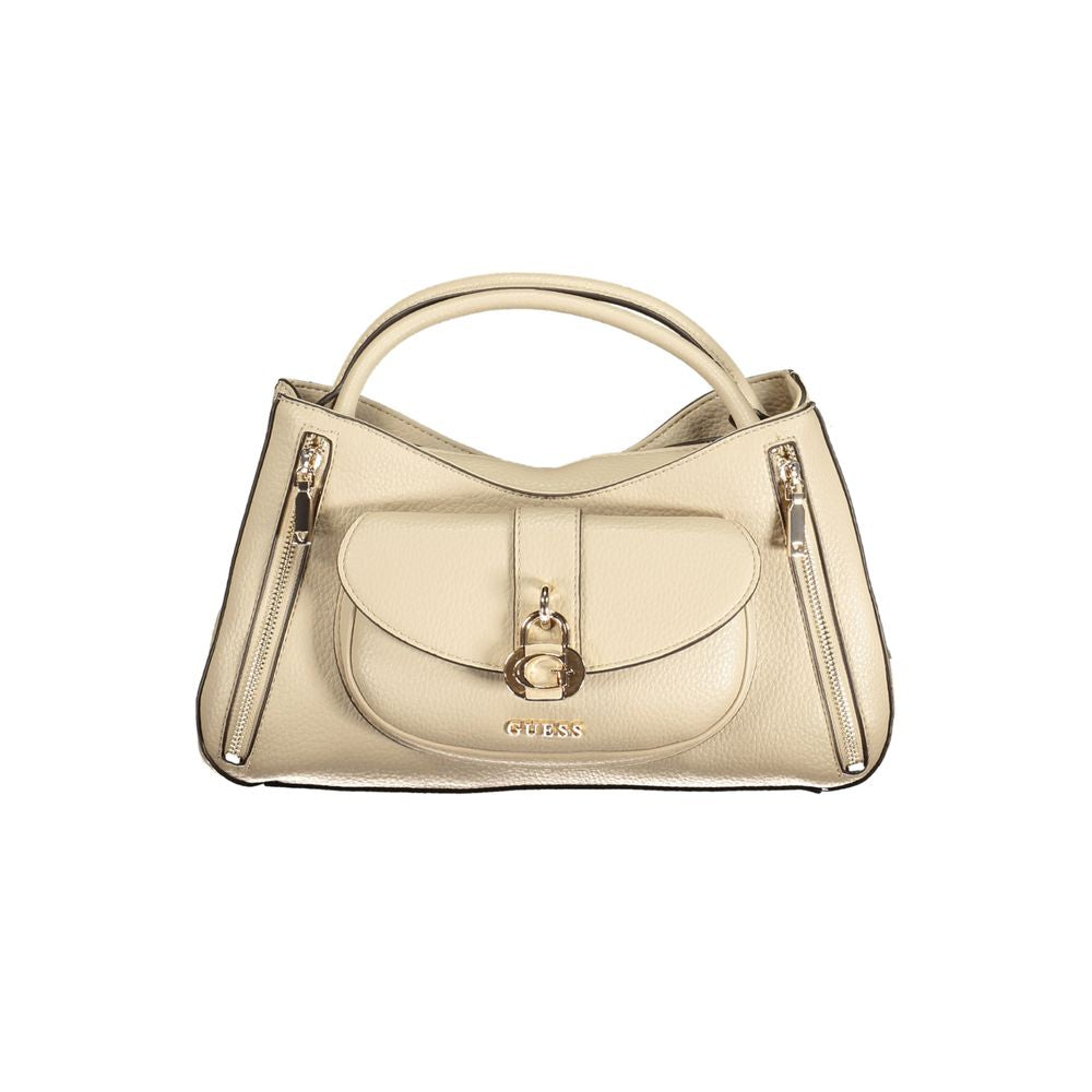 Handbag by Guess Jeans for women in polyurethane beige presents a ornamental silhouette, showcasing a secure snap & zipper, ample built-in-compartments & external-pockets, and versatile shoulder-strap, adjustable-strap, detachable-strap & handle for a ornamental finish.