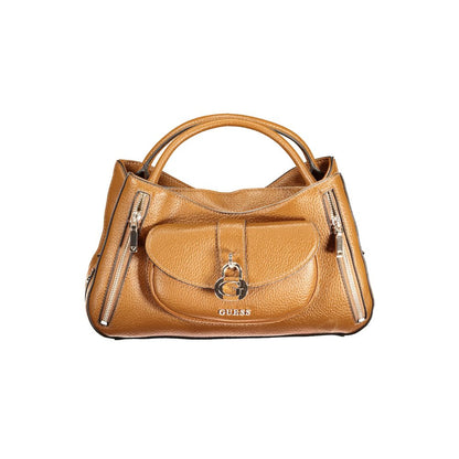 This Handbag by Guess Jeans for women in polyurethane and brown presents a sculptural silhouette featuring a secure snap & zipper, ample built-in-compartments, external-pockets & internal-pockets, and versatile shoulder-strap, handle & adjustable-strap for a sculptural finish.