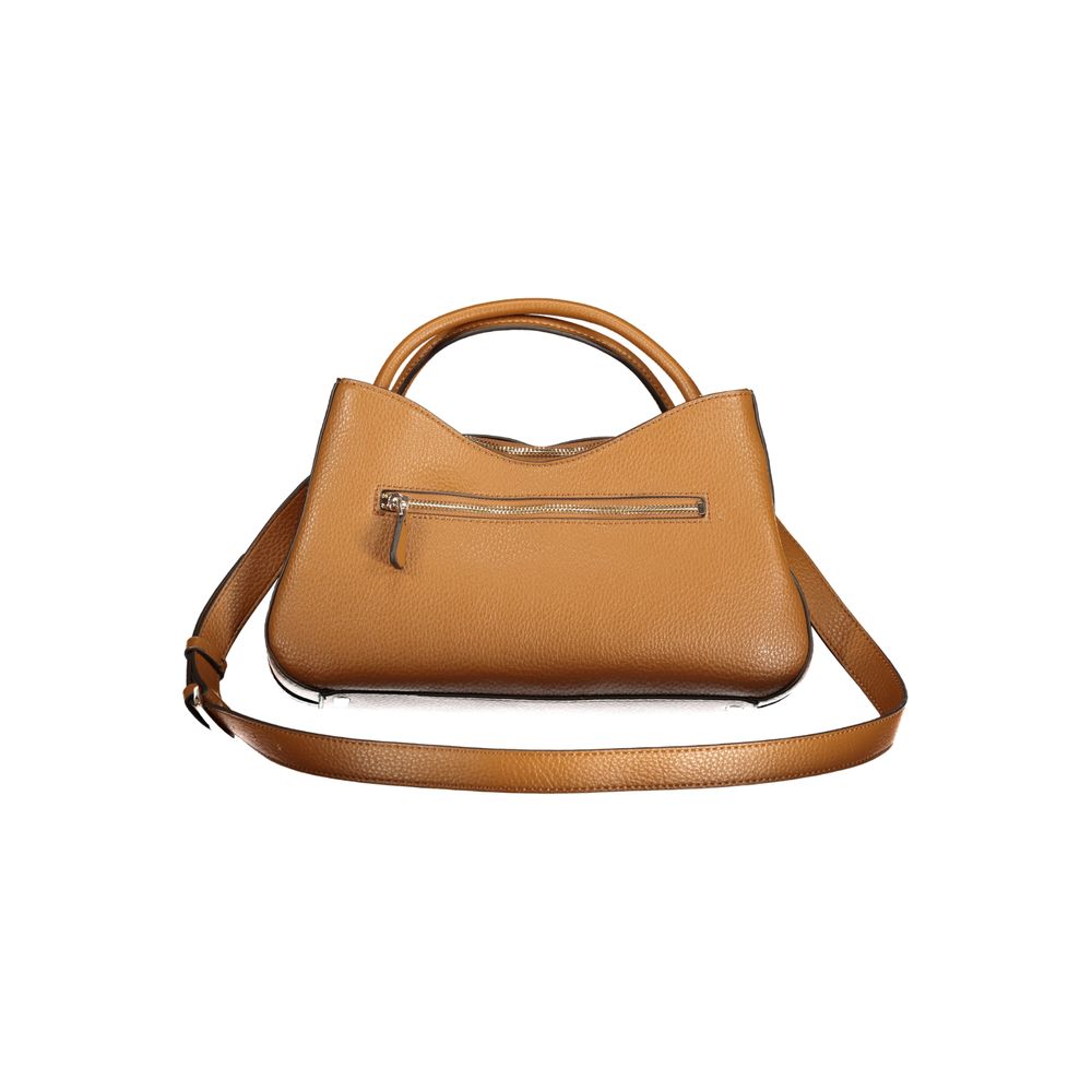 Handbag by Guess Jeans for women in polyurethane brown features a ornamental silhouette, showcasing a secure snap & zipper, ample built-in-compartments, external-pockets & internal-pockets, and ornamental shoulder-strap, handle & adjustable-strap for a sophisticated look.