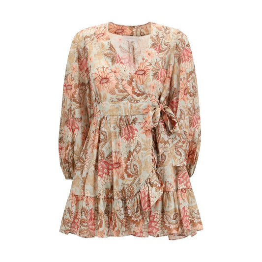 Dress by Zimmermann for women in cotton multicolor, patterned & floral features an cute silhouette, detailed with a and wrap neckline that elegantly flows into a cute short mini.