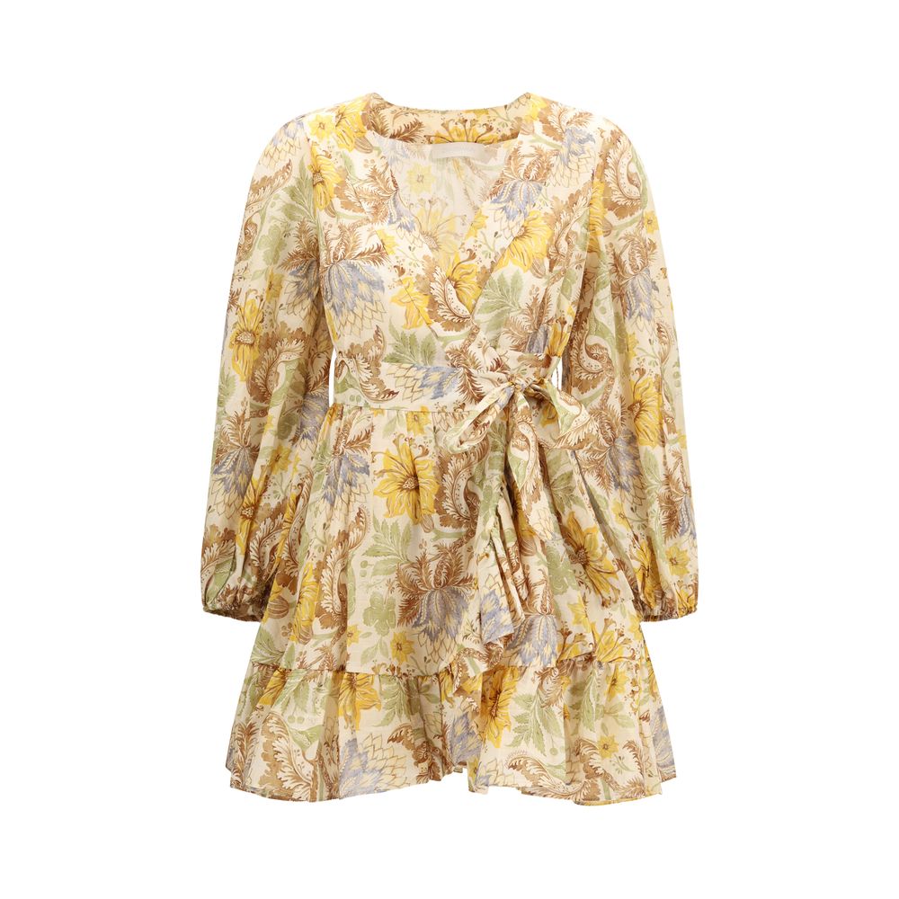 Dress by Zimmermann for women in cotton bicolour, patterned & floral features an cute silhouette, detailed with a long-sleeve and wrap neckline that elegantly flows into a cute short mini.