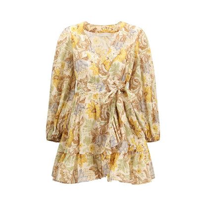 Dress by Zimmermann for women in cotton bicolour, patterned & floral features an cute silhouette, detailed with a long-sleeve and wrap neckline that elegantly flows into a cute short mini.