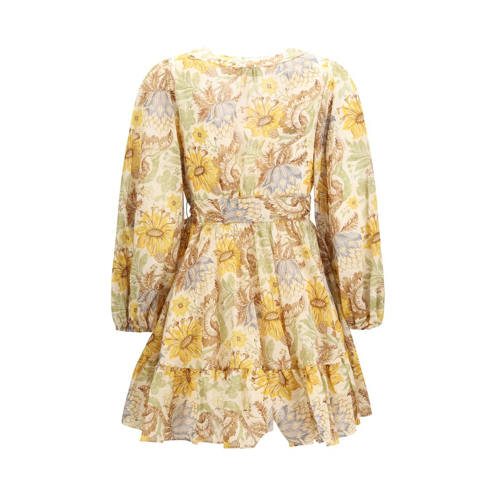 Dress by Zimmermann for women in cotton bicolour, patterned & floral features an sultry silhouette defined by a wrap neckline and , falling to an sultry short mini for a sultry look.