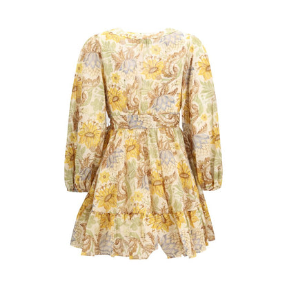 Dress by Zimmermann for women in cotton bicolour, patterned & floral features an sultry silhouette defined by a wrap neckline and , falling to an sultry short mini for a sultry look.