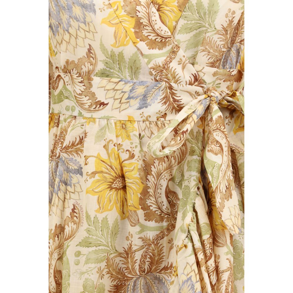 Dress by Zimmermann for women in cotton bicolour, patterned & floral features a dramatic silhouette, showcasing an elegant and that flows into a dramatic short mini.