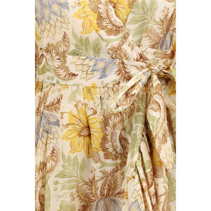 Dress by Zimmermann for women in cotton bicolour, patterned & floral features a dramatic silhouette, showcasing an elegant and that flows into a dramatic short mini.