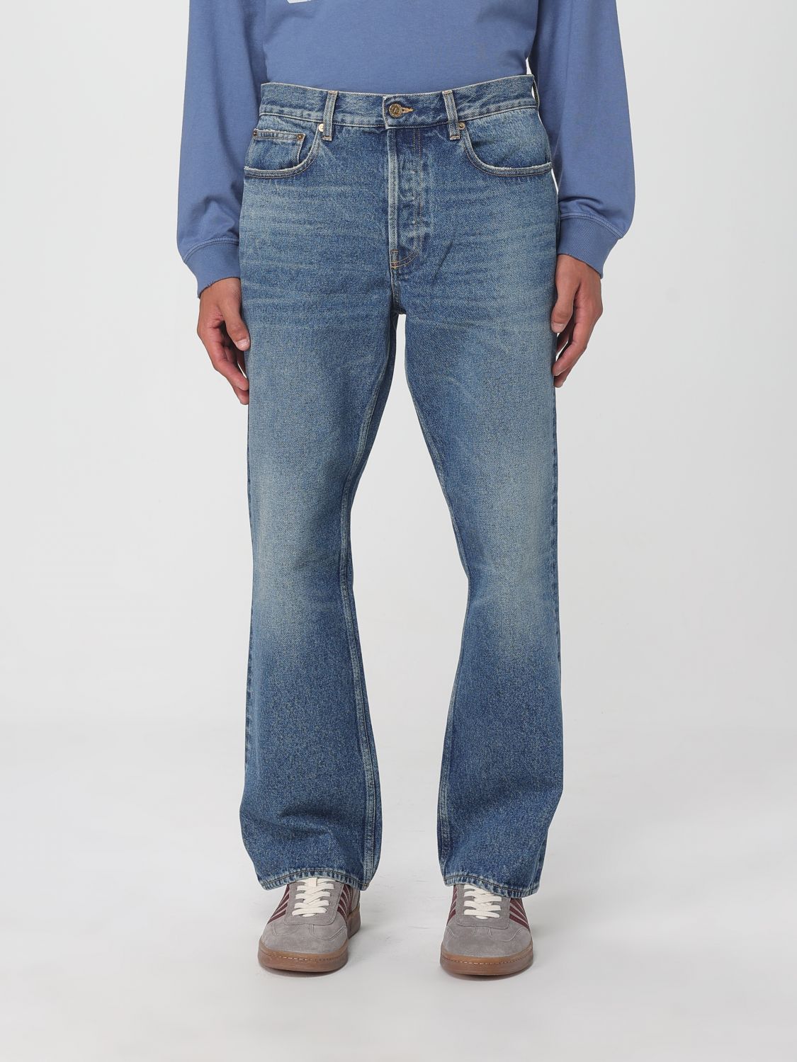 Jeans by Golden Goose for men in denim cotton blue presents a refined pantology silhouette, artfully defined by a refined pantology flared, long, and a sophisticated .