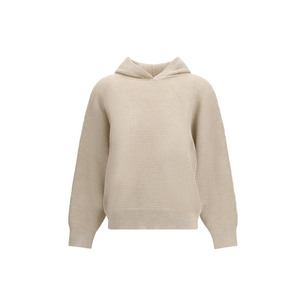 Sweatshirt Hoodie by Brunello Cucinelli for women in cashmere cotton & capra leather beige & signature features a slouchy chic silhouette, detailed with a slouchy chic and a signature hooded neckline for an elevated aesthetic.