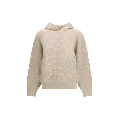Sweatshirt Hoodie by Brunello Cucinelli for women in cashmere cotton & capra leather beige & signature features a slouchy chic silhouette, detailed with a slouchy chic and a signature hooded neckline for an elevated aesthetic.