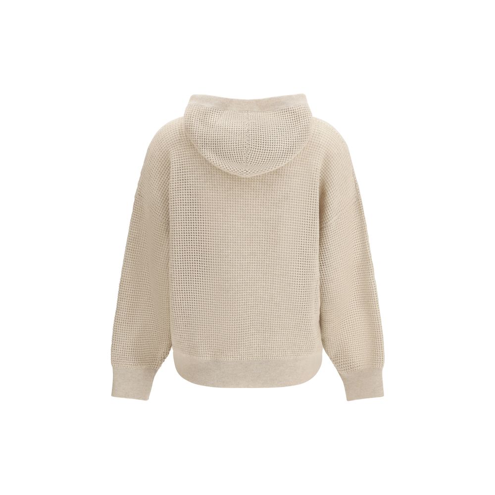 Sweatshirt Hoodie by Brunello Cucinelli for women in cashmere cotton & capra leather beige & signature features an luminous silhouette, showcasing a sophisticated hooded neckline and for a truly luminous look.