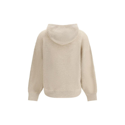 Sweatshirt Hoodie by Brunello Cucinelli for women in cashmere cotton & capra leather beige & signature features an luminous silhouette, showcasing a sophisticated hooded neckline and for a truly luminous look.