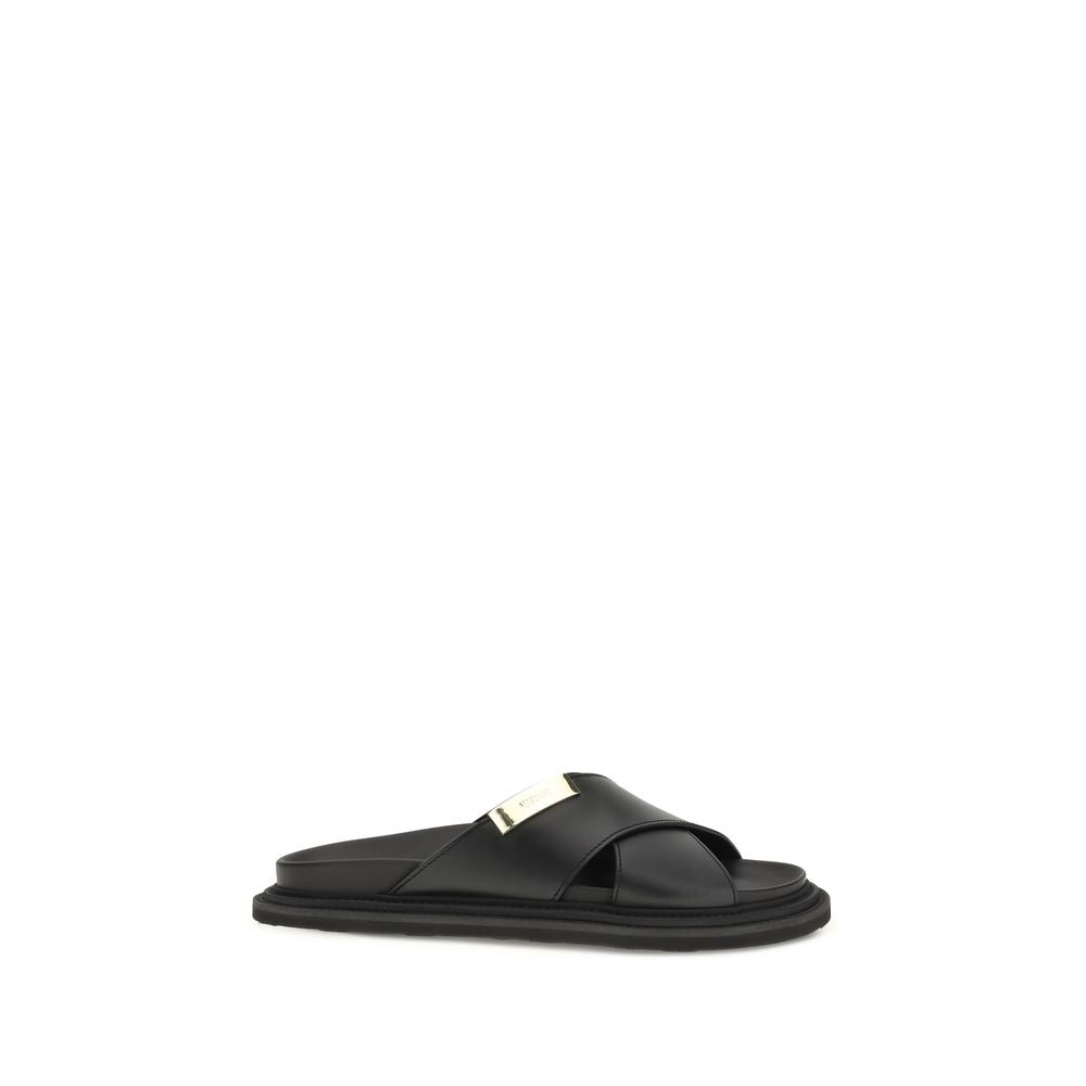 Moschino Men's Bos Taurus Calf Leather Flat Sandals - Black Gold Signature Print