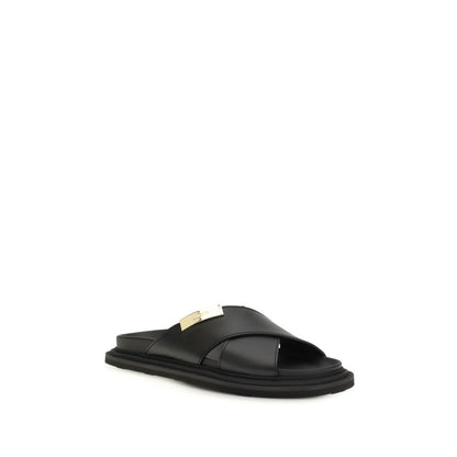 Moschino Men's Bos Taurus Calf Leather Flat Sandals - Black Gold Signature Print