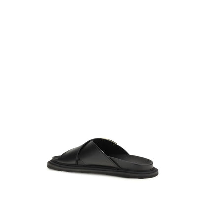 Moschino Men's Bos Taurus Calf Leather Flat Sandals - Black Gold Signature Print