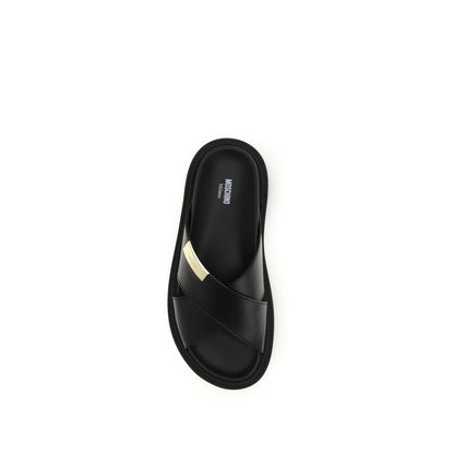 Moschino Men's Bos Taurus Calf Leather Flat Sandals - Black Gold Signature Print