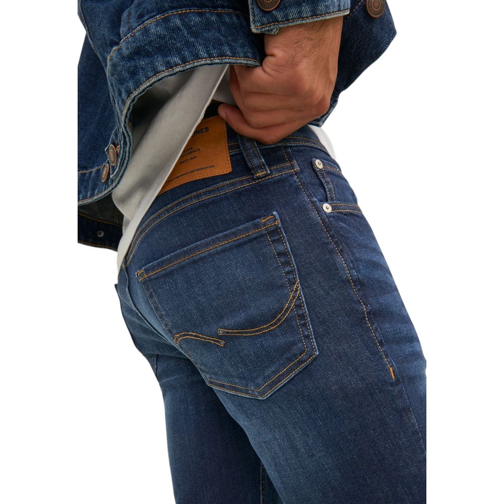 Jeans by Jack Jones for men in stretch denim cotton blue features a polished silhouette with a polished skinny, reaching a polished long and finished with a polished .