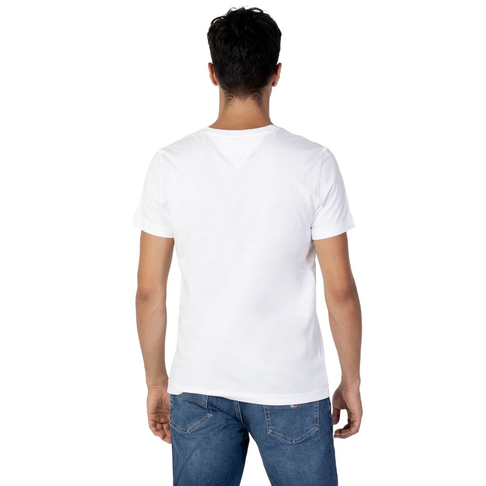 T-Shirt by Tommy Hilfiger Jeans for men in cotton white showcases a fashionable silhouette, elegantly detailed with a fashionable and v-neck neckline for a sophisticated, high-fashion look.