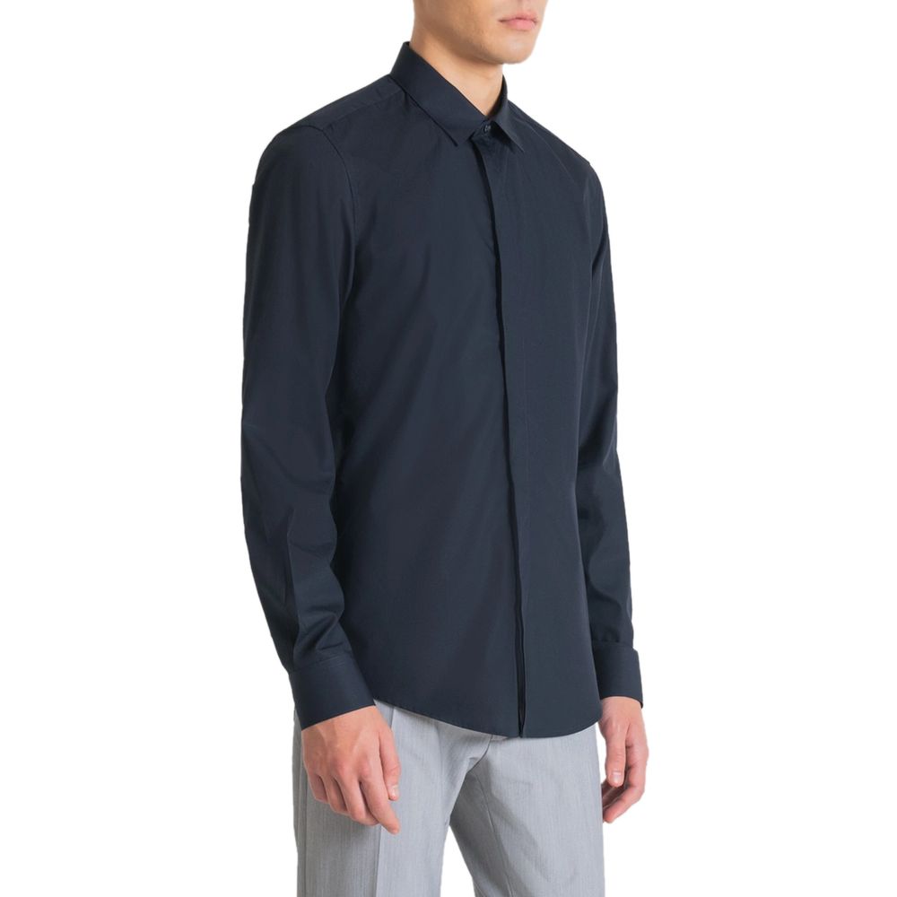 Shirt by Antony Morato for men in cotton blue showcases a sleek silhouette, elegantly detailed with a sleek and long-sleeve for a sleek finish.