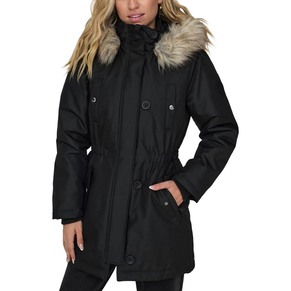 Hooded Parka by Only for women in polyester fur black, presenting a cosy silhouette with distinctive pockets & hooded and a refined hooded neckline.