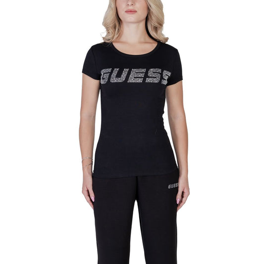 T-Shirt by Guess Active for women in stretch cotton black showcases a unassuming silhouette, artfully detailed with a refined and unassuming for a sophisticated, contemporary look.