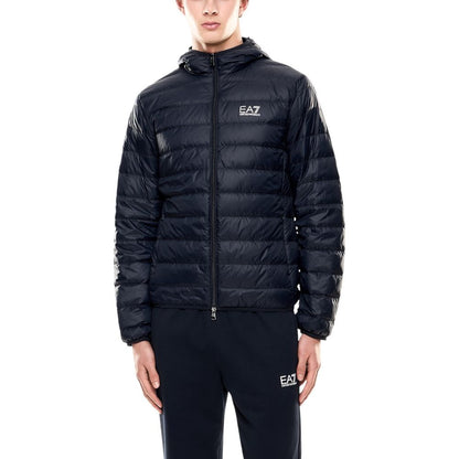 Hooded Windbreaker Jacket by EA7 Emporio Armani for men in polyamide blue features an magnificent silhouette, showcasing the sophisticated hooded neckline and functional lightweight, hooded, insulated & windproof for a premium, magnificent look.