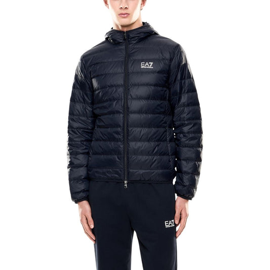 Hooded Windbreaker Jacket by EA7 Emporio Armani for men in polyamide blue features an magnificent silhouette, showcasing the sophisticated hooded neckline and functional lightweight, hooded, insulated & windproof for a premium, magnificent look.
