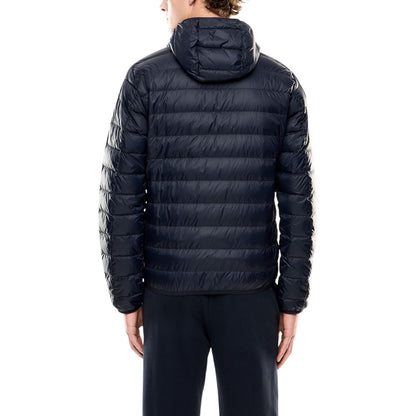 Hooded Windbreaker Jacket by EA7 Emporio Armani for men in polyamide blue presents a resilient silhouette, artfully detailed with a sophisticated hooded neckline and functional lightweight, hooded, insulated & windproof for a resilient finish.