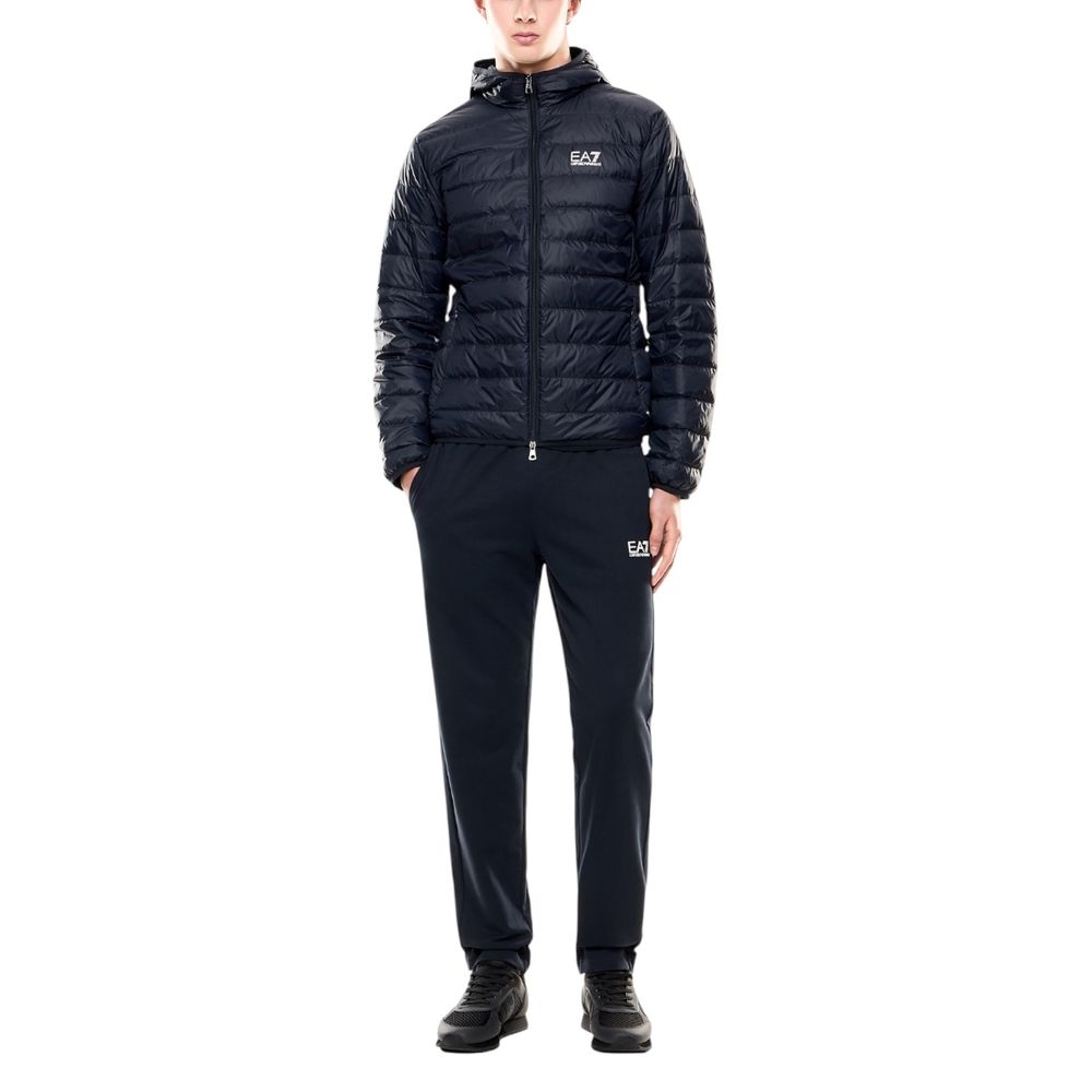 Hooded Windbreaker Jacket by EA7 Emporio Armani for men in polyamide blue showcases a urban chic silhouette, detailed with a urban chic hooded neckline and functional lightweight, hooded, insulated & windproof for a polished finish.