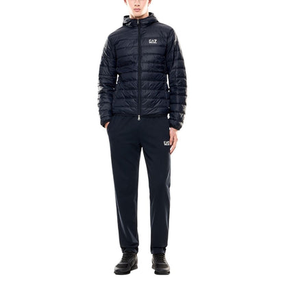 Hooded Windbreaker Jacket by EA7 Emporio Armani for men in polyamide blue showcases a urban chic silhouette, detailed with a urban chic hooded neckline and functional lightweight, hooded, insulated & windproof for a polished finish.