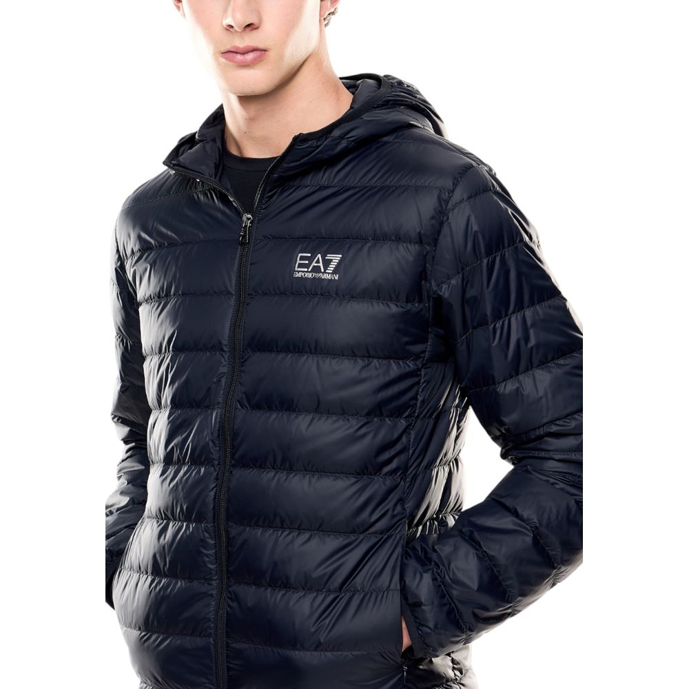 Hooded Windbreaker Jacket by EA7 Emporio Armani for men in polyamide blue features an magnificent silhouette, showcasing the sophisticated hooded neckline and functional lightweight, hooded, insulated & windproof for a premium, magnificent look.