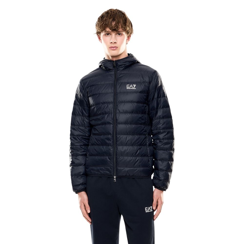Hooded Windbreaker Jacket by EA7 Emporio Armani for men in polyamide blue features an perennial silhouette with a refined and perennial lightweight, hooded, insulated & windproof for a sophisticated weather-resistant look.